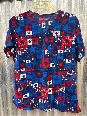 Women’s Red, Blue & White Star Print V-Neck Scrub Top